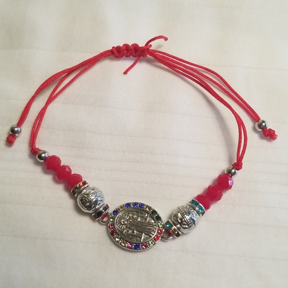 Silver Red Rhinestone Religious Bracelet
